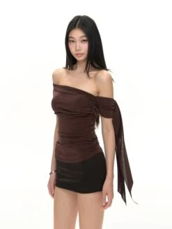 Sheer One Shoulder Ruched Wrap Mesh Top