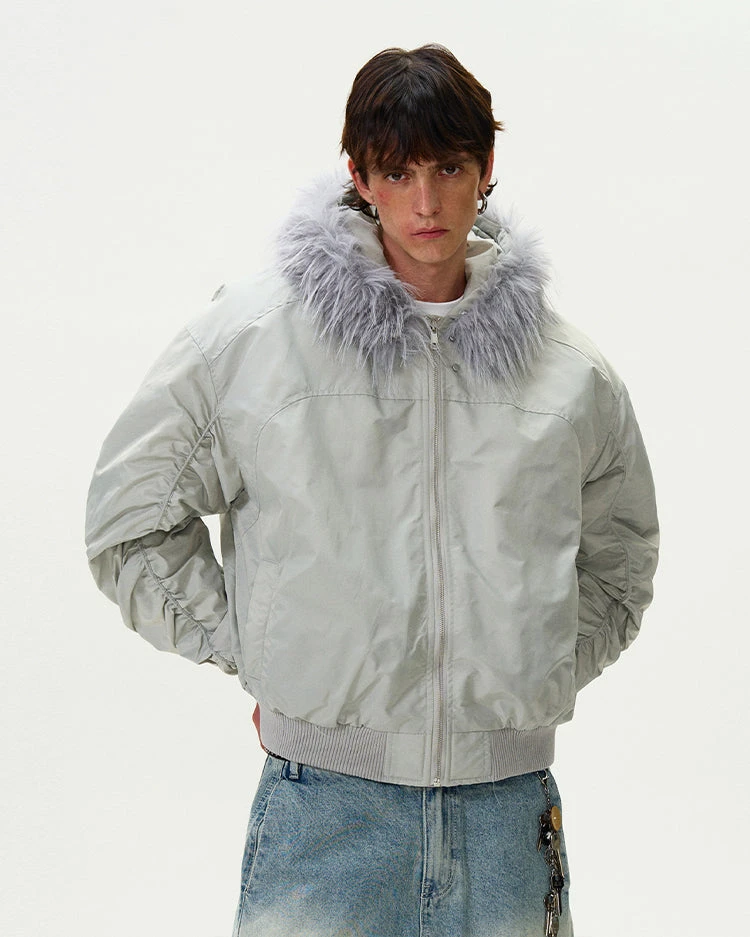 Ruched Sleeve Faux Fur Hooded Bomber Jacket 3 Ruched Sleeve Faux Fur Hooded Bomber Jacket - Image 3