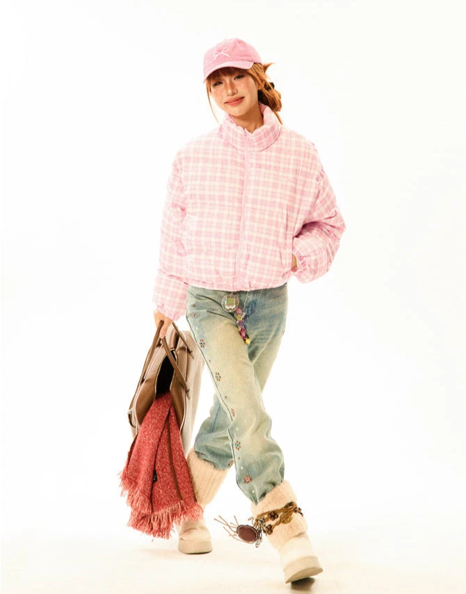 Plaid Quilted High Collar Mid Crop Puffer Jacket 11 Plaid Quilted High Collar Mid Crop Puffer Jacket - Image 11