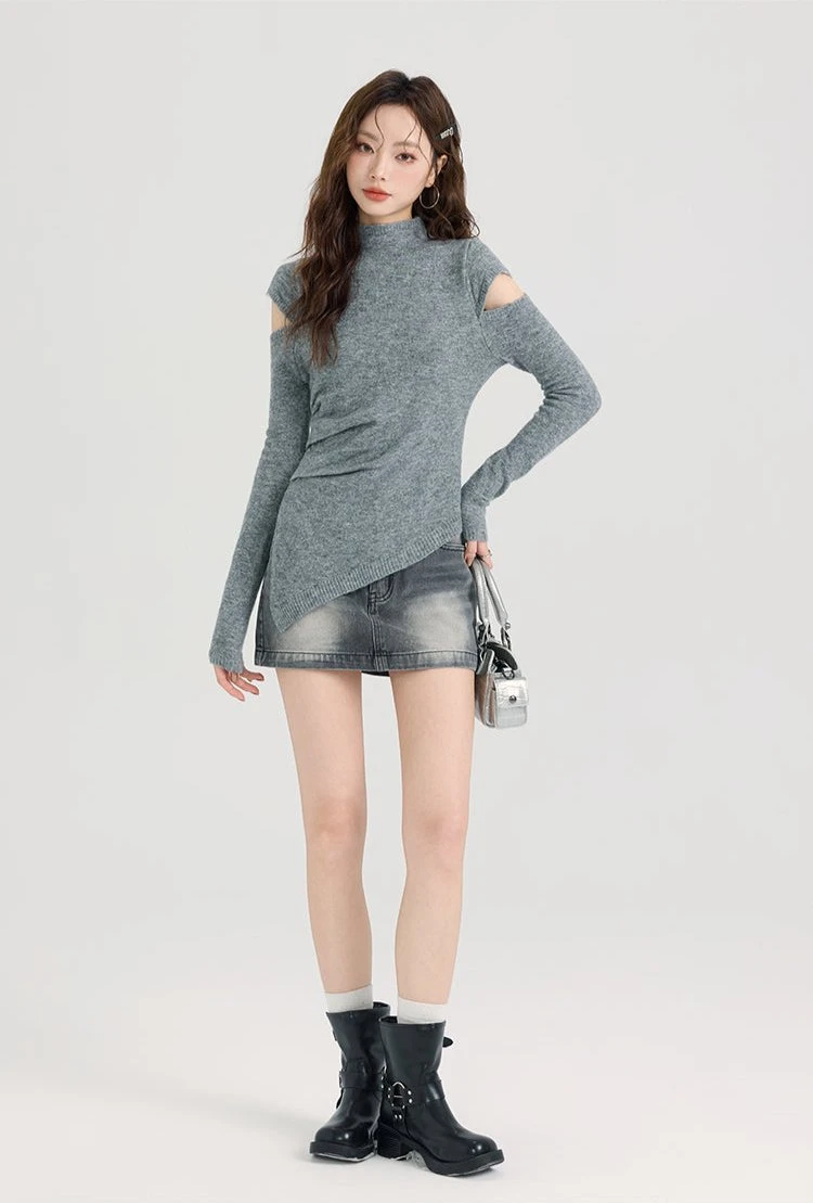 Mock Neck Ribbed Hem Asymmetric Cold Shoulder Top 4 Mock Neck Ribbed Hem Asymmetric Cold Shoulder Top - Image 4