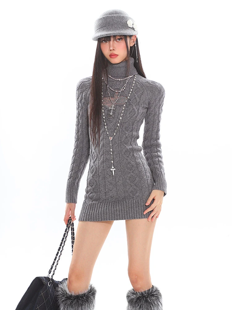 Cable Knit Turtleneck Dress With Cross Mesh Lace Detail 8 Cable Knit Turtleneck Dress With Cross Mesh Lace Detail - Image 8