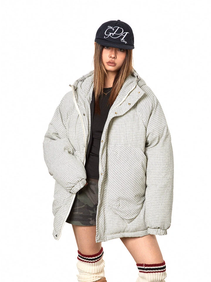 Oversized Plaid Puffer Hooded Jacket With Pockets 2 Oversized Plaid Puffer Hooded Jacket With Pockets - Image 2