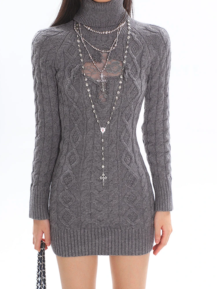 Cable Knit Turtleneck Dress With Cross Mesh Lace Detail 9 Cable Knit Turtleneck Dress With Cross Mesh Lace Detail - Image 9