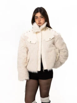 Studded Faux Leather And Fur Patchwork Zip Jacket