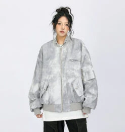 Oversized Acid Wash Bomber Jacket With Snap Button Pockets