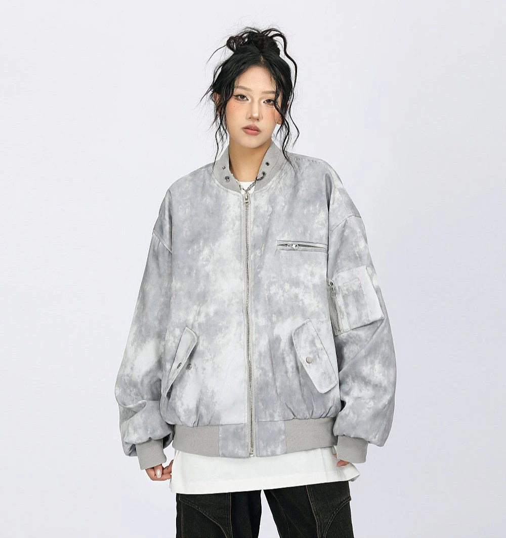 Oversized Acid Wash Bomber Jacket With Snap Button Pockets 1 Oversized Acid Wash Bomber Jacket With Snap Button Pockets