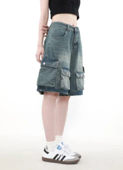 Faded Denim Cargo Shorts With Multiple Button Pockets -Modern Wear Shop O1CN0162MLjx1VQpjXQ1IXC 2434502648