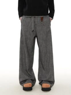 Wide Leg Textured Trousers With Strap Belt