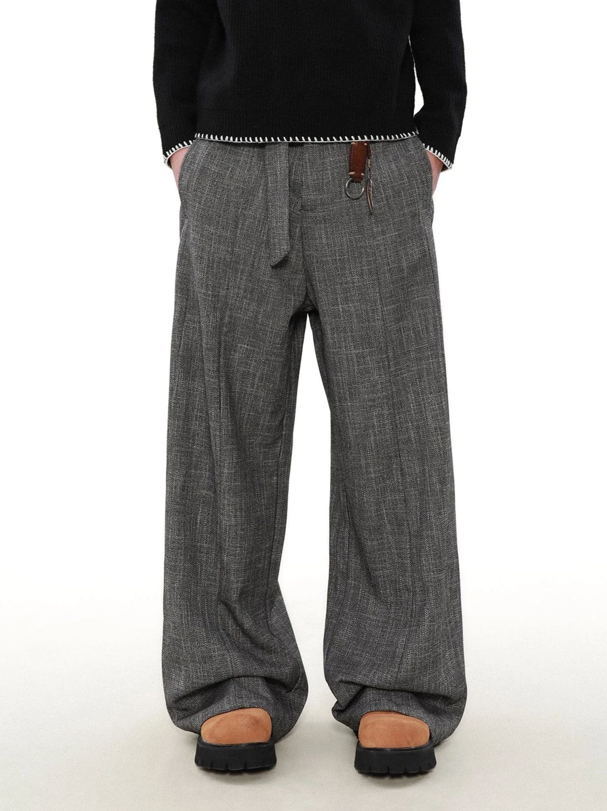 Wide Leg Textured Trousers With Strap Belt 1 Wide Leg Textured Trousers With Strap Belt