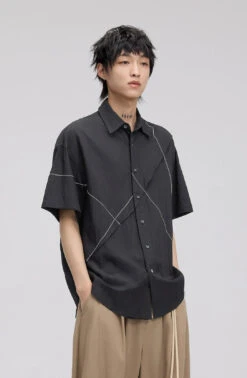 Asymmetrical Stitch Accent Short Sleeve Button Shirt -Modern Wear Shop O1CN016g6Aiw1JBvXjyiuZa 2950750991