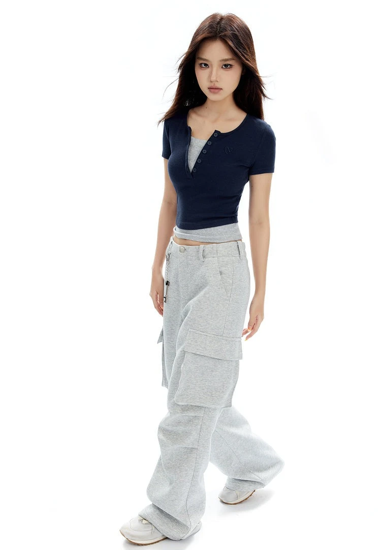 Ribbed Henley Mock Two-Piece Short Sleeve Crop Top 7 Ribbed Henley Mock Two-Piece Short Sleeve Crop Top - Image 7