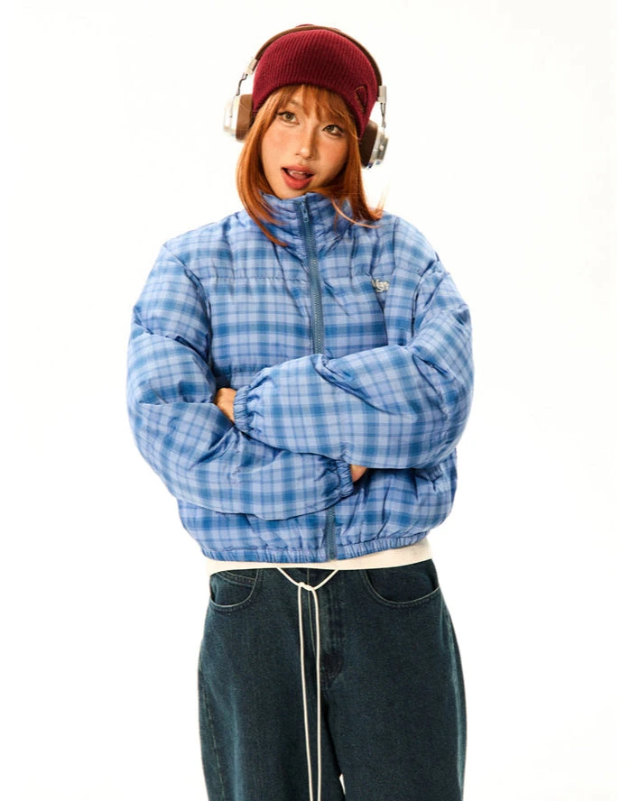 Plaid Quilted High Collar Mid Crop Puffer Jacket 5 Plaid Quilted High Collar Mid Crop Puffer Jacket - Image 5