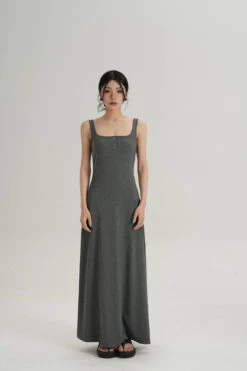 Sleeveless Square Neck Maxi Dress With Button Detail