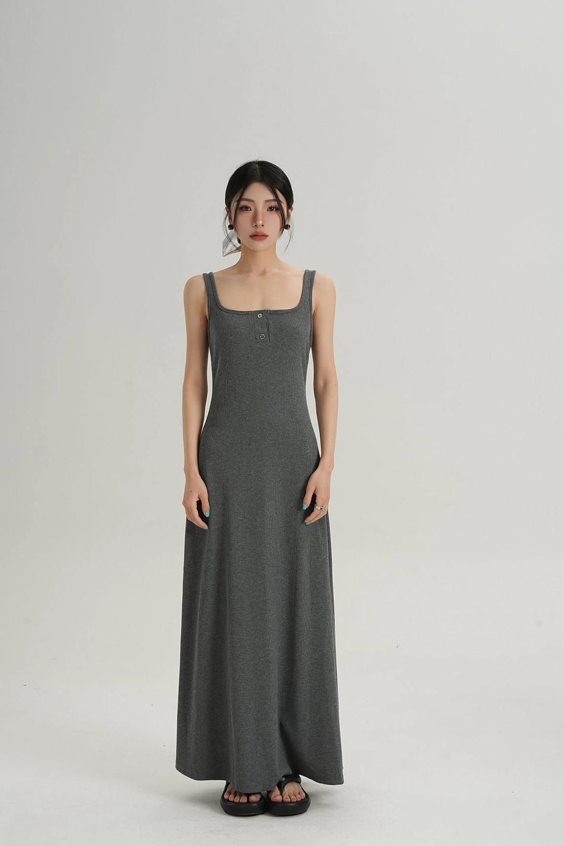 Sleeveless Square Neck Maxi Dress With Button Detail 1 Sleeveless Square Neck Maxi Dress With Button Detail