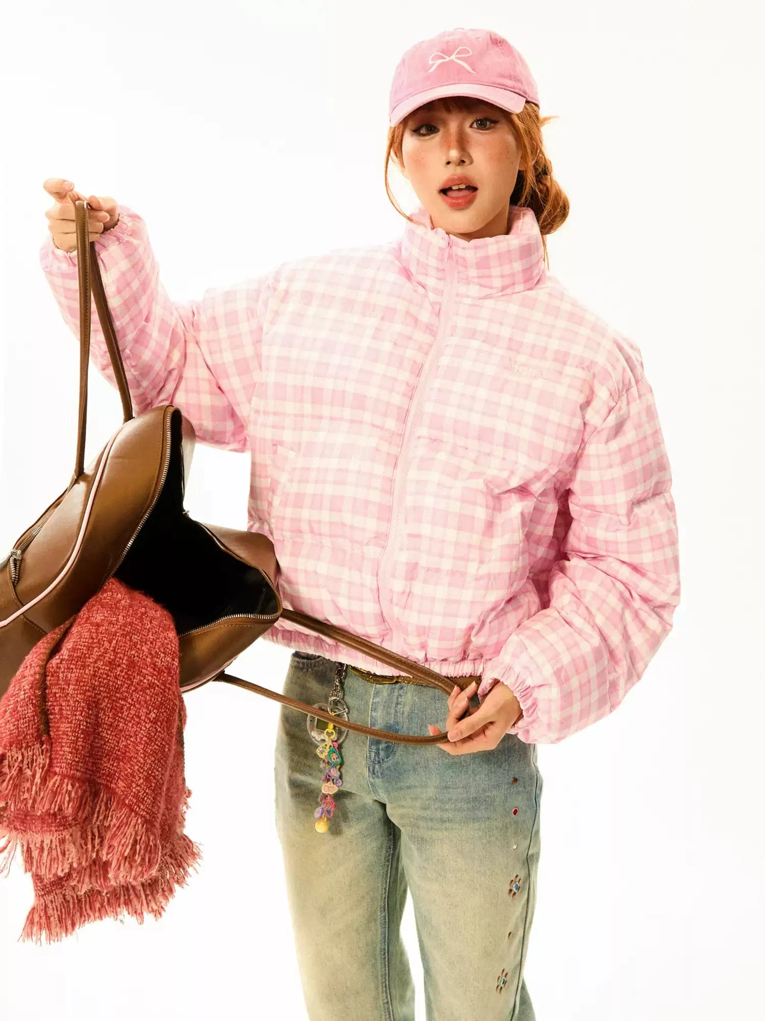 Plaid Quilted High Collar Mid Crop Puffer Jacket 10 Plaid Quilted High Collar Mid Crop Puffer Jacket - Image 10