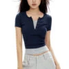 Ribbed Henley Mock Two-Piece Short Sleeve Crop Top