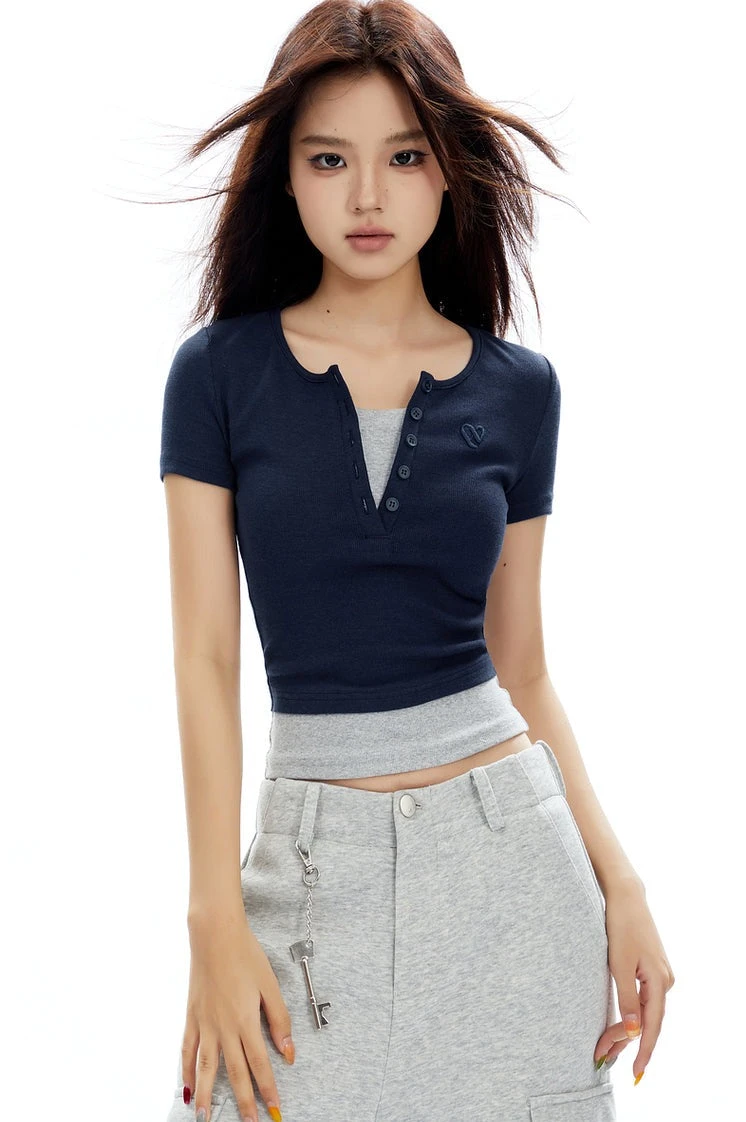 Ribbed Henley Mock Two-Piece Short Sleeve Crop Top 1 Ribbed Henley Mock Two-Piece Short Sleeve Crop Top