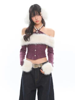 Halter Neck Faux Fur Trim Glitter Crop Top -Modern Wear Shop O1CN018wyJ1Z25Kig8oZErp 1979797508