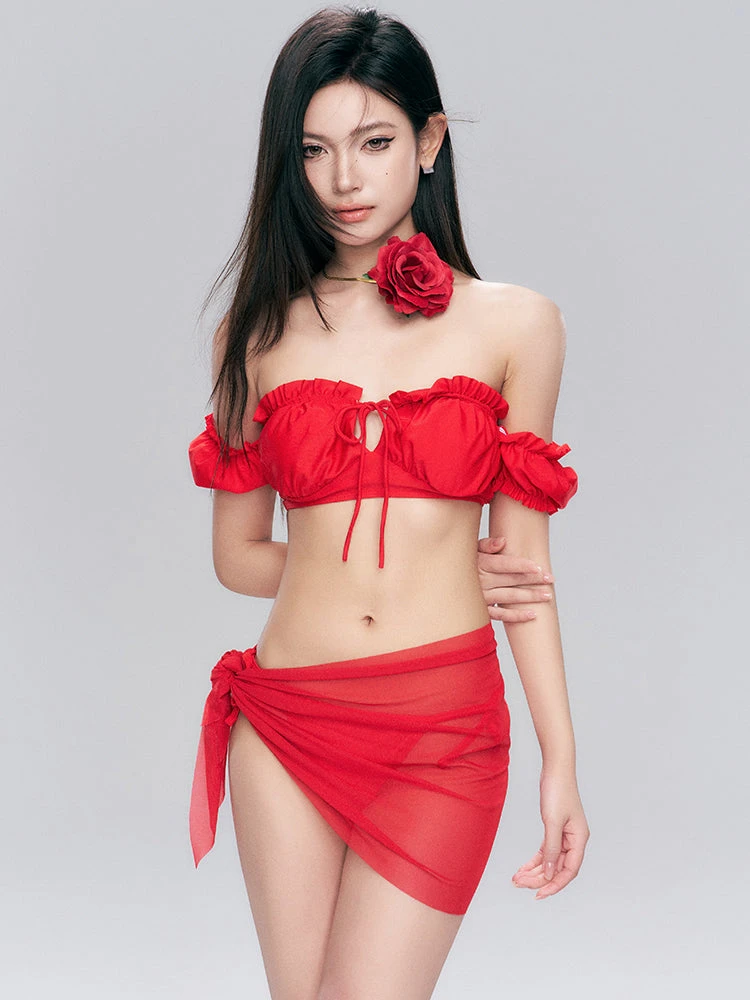 Ruffled Off-Shoulder Bikini Set With Sheer Sarong Wrap 2 Ruffled Off-Shoulder Bikini Set With Sheer Sarong Wrap - Image 2