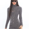 Cable Knit Turtleneck Dress With Cross Mesh Lace Detail