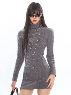 Cable Knit Turtleneck Dress With Cross Mesh Lace Detail