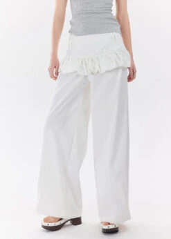 Wide Leg Trousers With Ruffle Waist Detail And Belt Loops