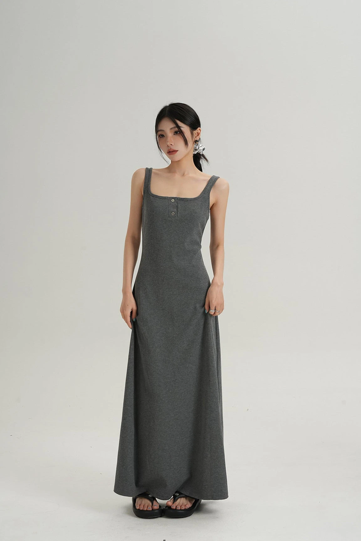 Sleeveless Square Neck Maxi Dress With Button Detail 2 Sleeveless Square Neck Maxi Dress With Button Detail - Image 2