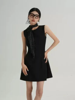 Sleeveless Mini Dress With Side Pockets And Polka Dot Scarf