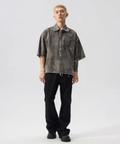 Distressed Crosshatch Button-Up Overshirt With Frayed Hem -Modern Wear Shop O1CN01A6MpUY1ytLDfOxbKJ 2210394516636