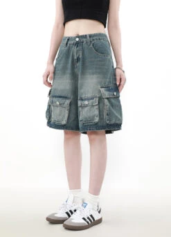 Faded Denim Cargo Shorts With Multiple Button Pockets