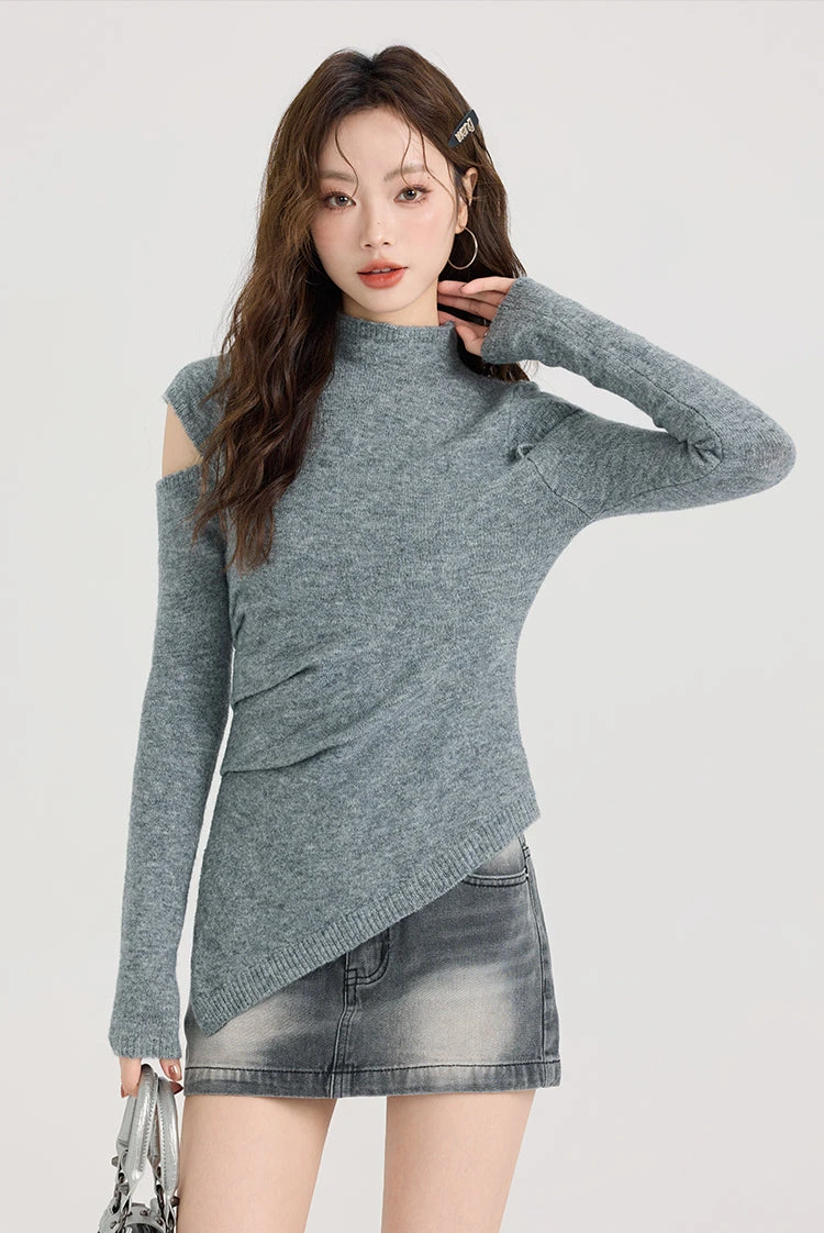 Mock Neck Ribbed Hem Asymmetric Cold Shoulder Top 2 Mock Neck Ribbed Hem Asymmetric Cold Shoulder Top - Image 2