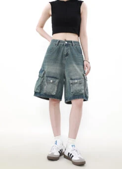 Faded Denim Cargo Shorts With Multiple Button Pockets -Modern Wear Shop O1CN01BChke11VQpjbvxW1W 2434502648