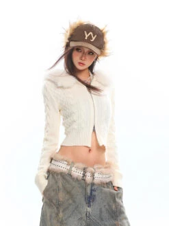 Faux Fur Hoodie Cable Knit Cropped Zip Jacket -Modern Wear Shop O1CN01BQ3nD01iBnncuLyp0 2201256844375