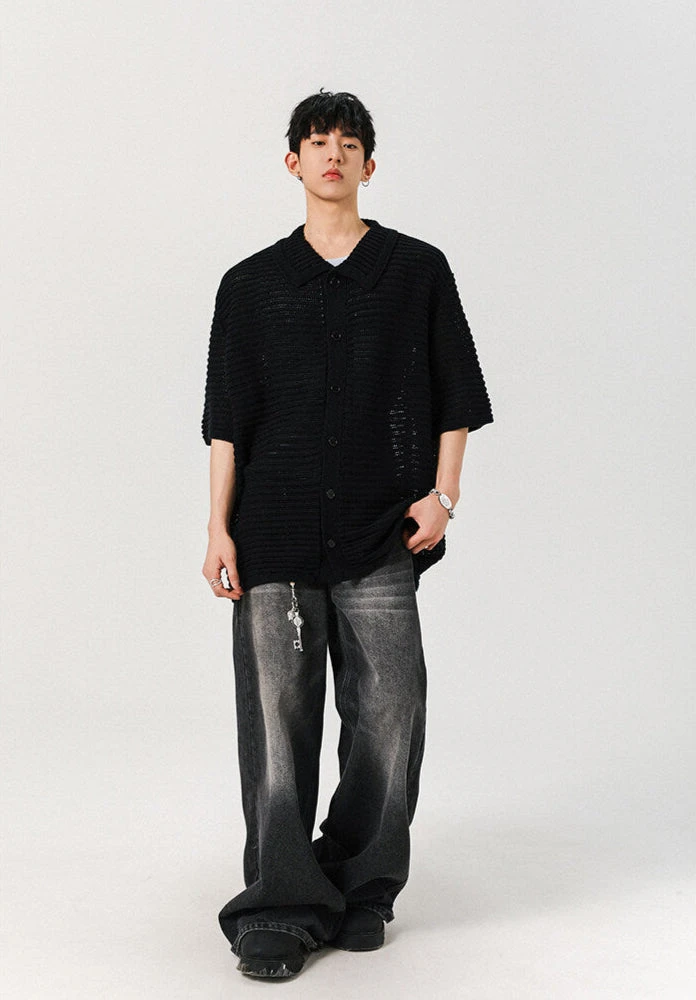 Sheer Open Knit Button-Up Short Sleeve Shirt 16 Sheer Open Knit Button-Up Short Sleeve Shirt - Image 16