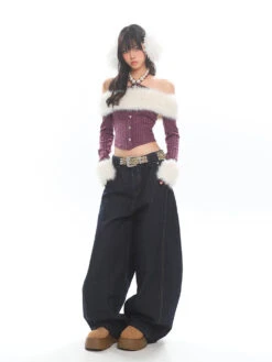 Halter Neck Faux Fur Trim Glitter Crop Top -Modern Wear Shop O1CN01C8892X25Kig7NaMeY 1979797508