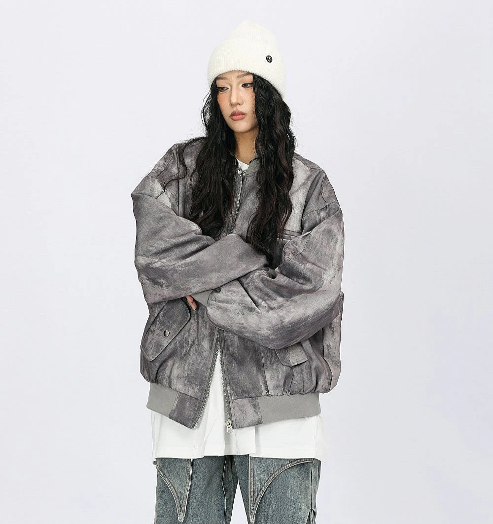 Oversized Acid Wash Bomber Jacket With Snap Button Pockets 13 Oversized Acid Wash Bomber Jacket With Snap Button Pockets - Image 13