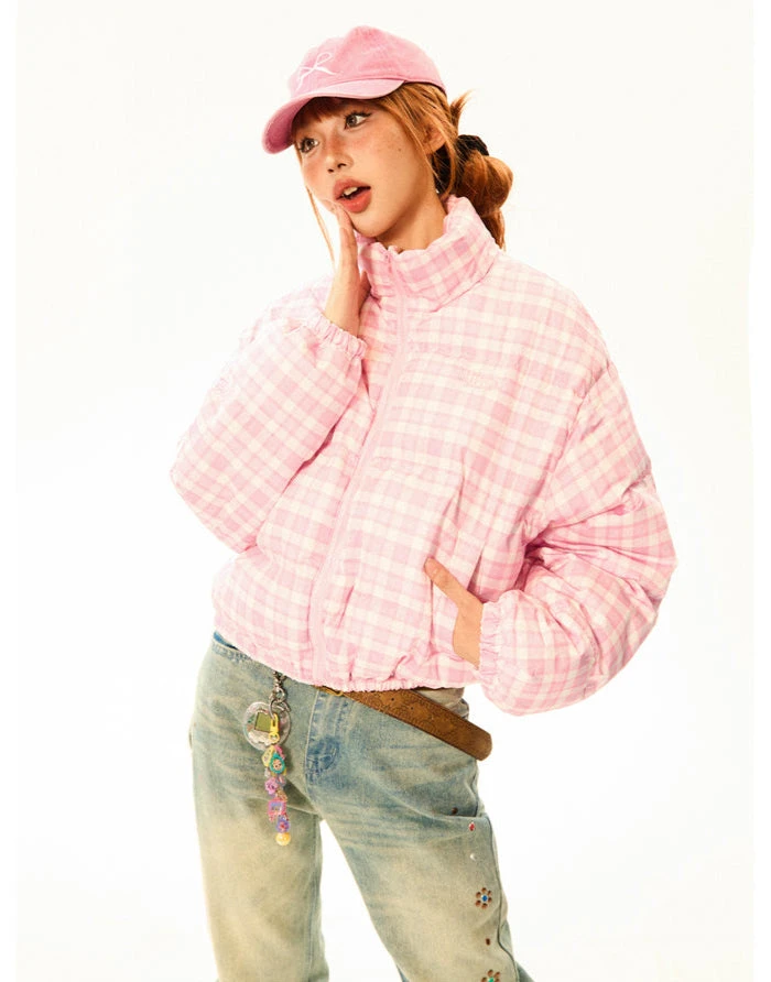 Plaid Quilted High Collar Mid Crop Puffer Jacket 15 Plaid Quilted High Collar Mid Crop Puffer Jacket - Image 15