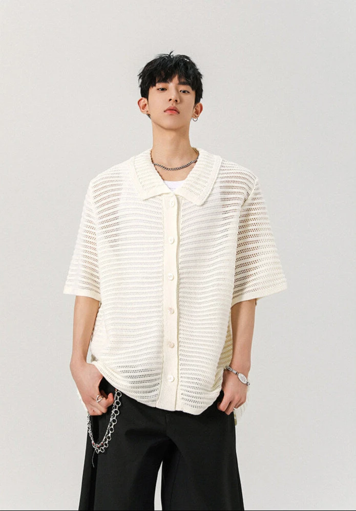 Sheer Open Knit Button-Up Short Sleeve Shirt 5 Sheer Open Knit Button-Up Short Sleeve Shirt - Image 5