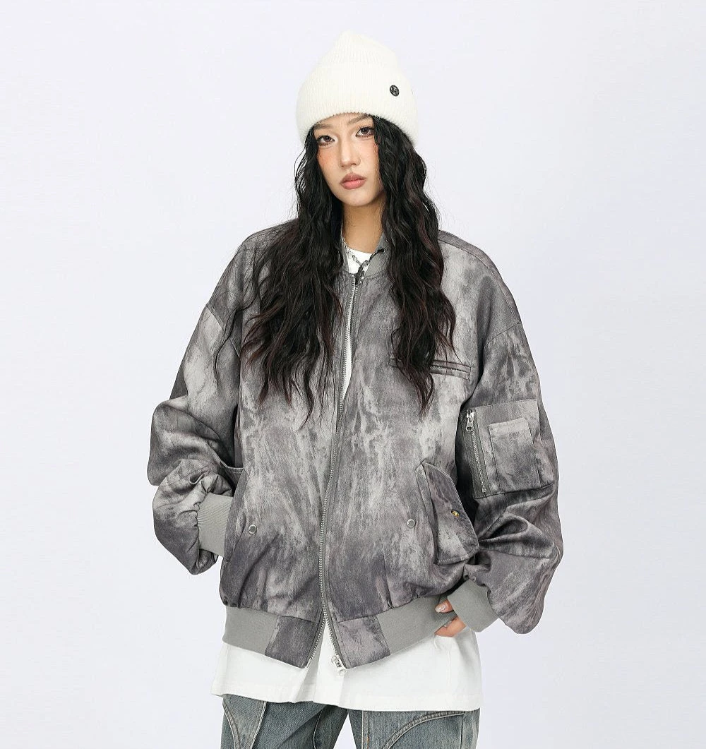 Oversized Acid Wash Bomber Jacket With Snap Button Pockets 11 Oversized Acid Wash Bomber Jacket With Snap Button Pockets - Image 11