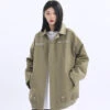Double Star Pocket Zip Oversized Bomber Jacket