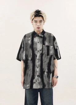 Abstract Print Short Sleeve Button Shirt With Chest Pocket