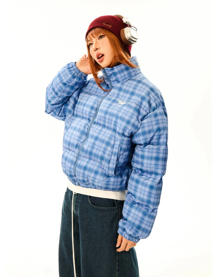 Plaid Quilted High Collar Mid Crop Puffer Jacket 4 Plaid Quilted High Collar Mid Crop Puffer Jacket - Image 4