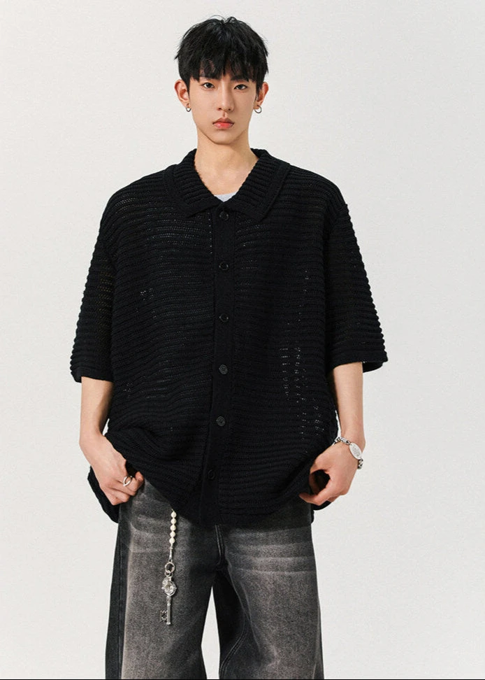 Sheer Open Knit Button-Up Short Sleeve Shirt 9 Sheer Open Knit Button-Up Short Sleeve Shirt - Image 9