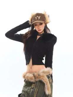 Faux Fur Hoodie Cable Knit Cropped Zip Jacket -Modern Wear Shop O1CN01ESFBxy1iBnnhhDRP0 2201256844375