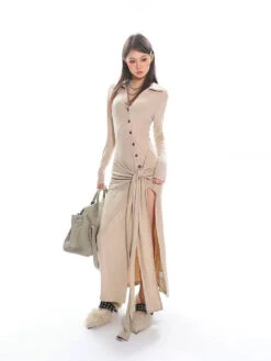 Button Up Long Sleeve Knotted Maxi Dress With Slit
