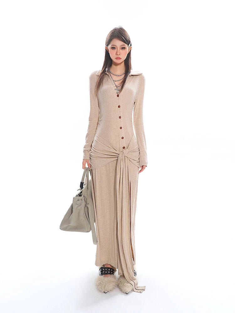 Button Up Long Sleeve Knotted Maxi Dress With Slit 3 Button Up Long Sleeve Knotted Maxi Dress With Slit - Image 3