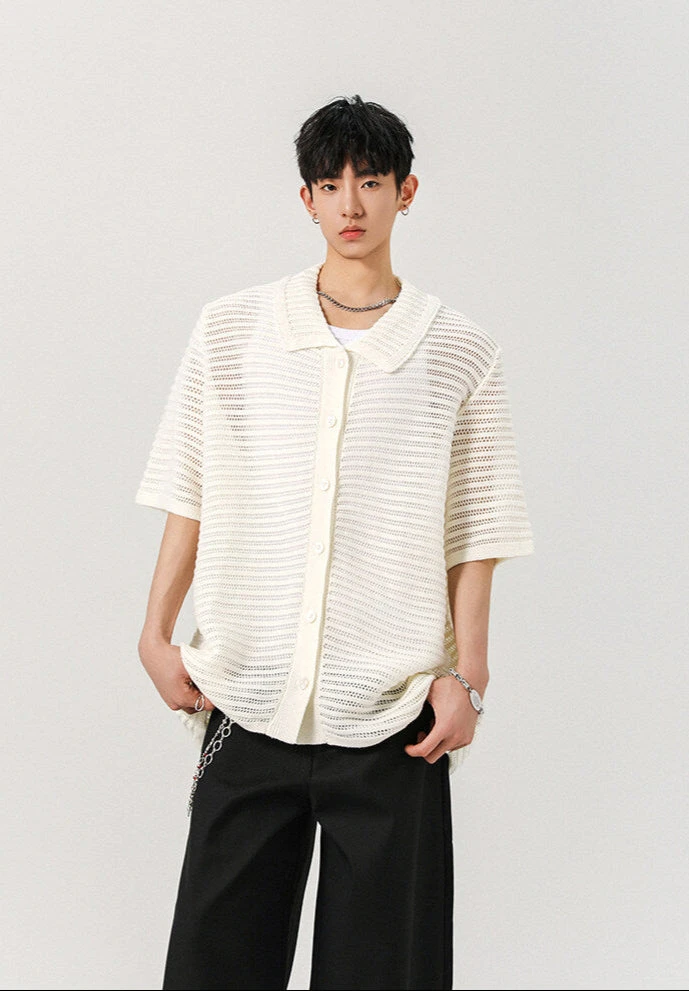 Sheer Open Knit Button-Up Short Sleeve Shirt 6 Sheer Open Knit Button-Up Short Sleeve Shirt - Image 6