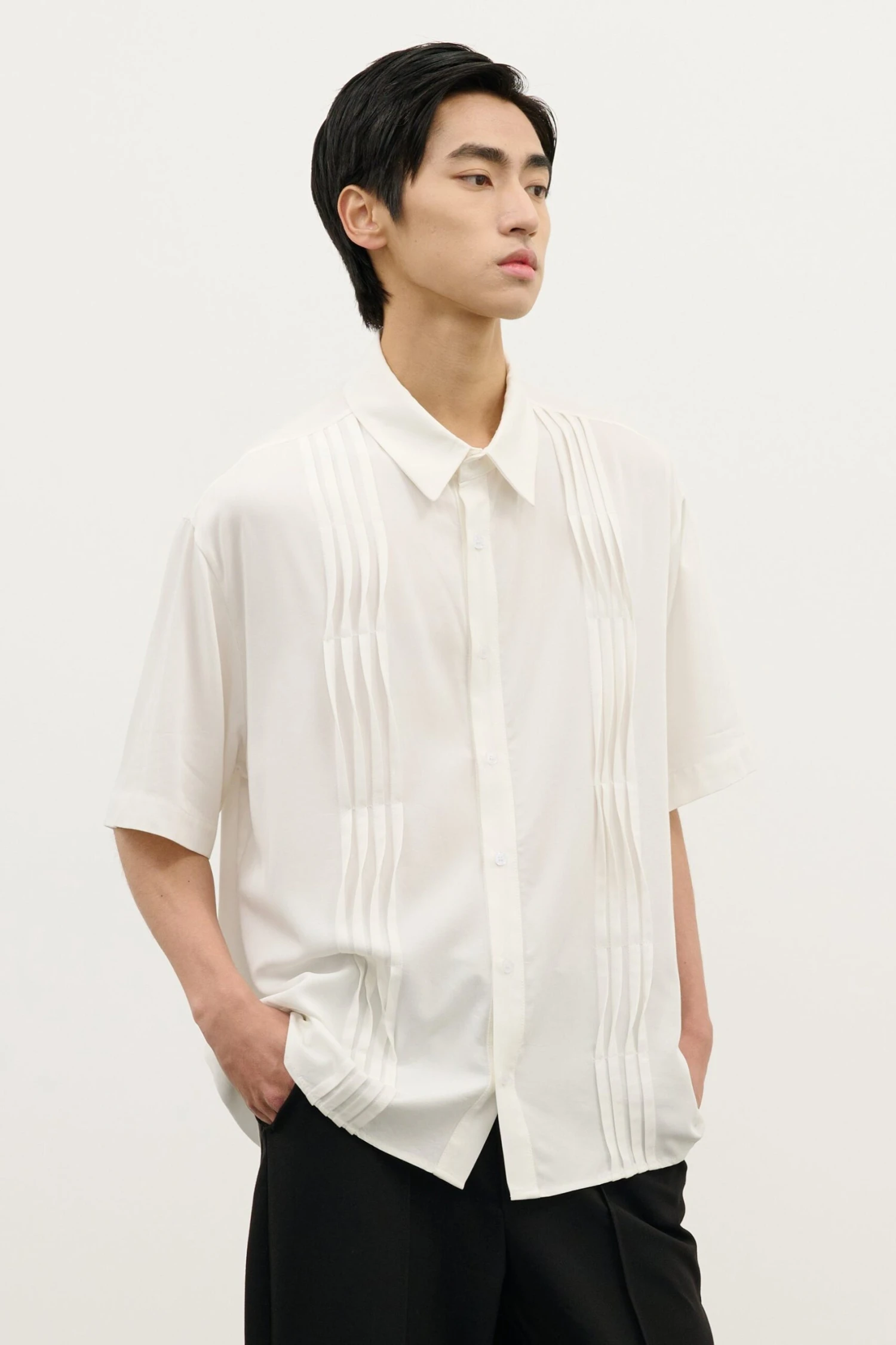 Pleated Wave-Panel Short Sleeve Button-Up Shirt 3 Pleated Wave-Panel Short Sleeve Button-Up Shirt - Image 3