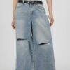 Vintage Washed Knee Ripped Wide-Leg Denim Jeans