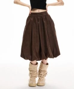 Pleated Balloon Suede Midi Skirt